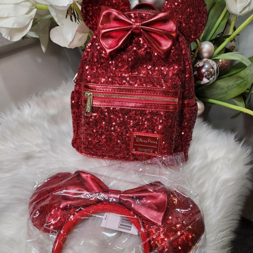 Set Of 2 Red Sequin Loungefly Backpack with Matching red ears Nee